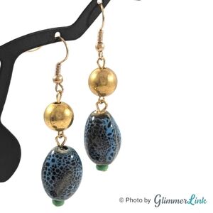 Blue Black & Green Mottled Tiered Gold Tone Dangle Earrings